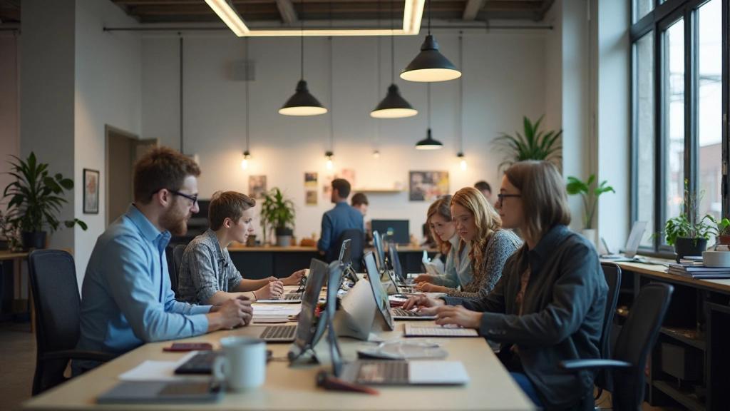 Modern design studio workspace met samenwerkende designers