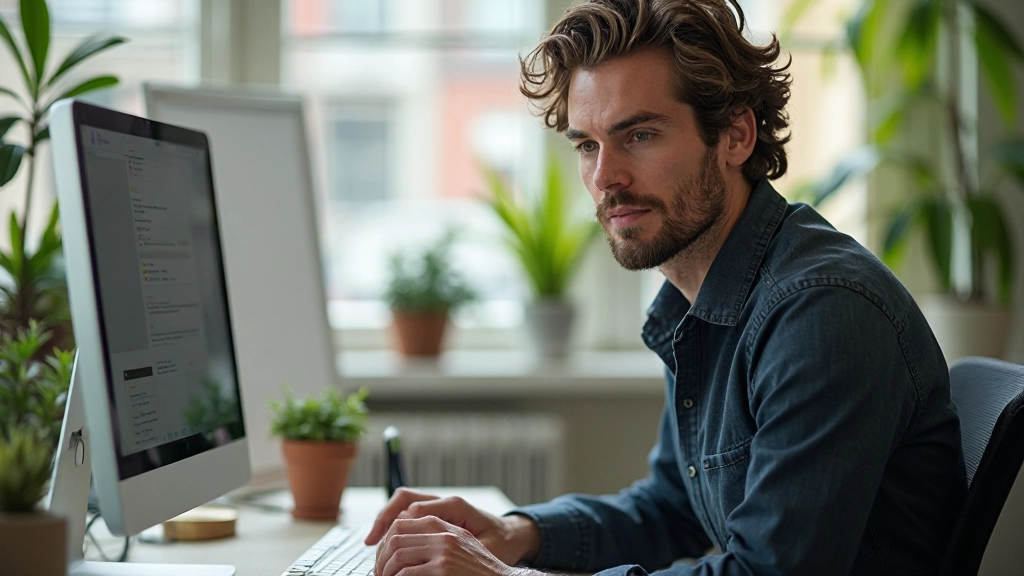 Designer werkt aan een computerscherm met webdesign software open in een moderne werkruimte