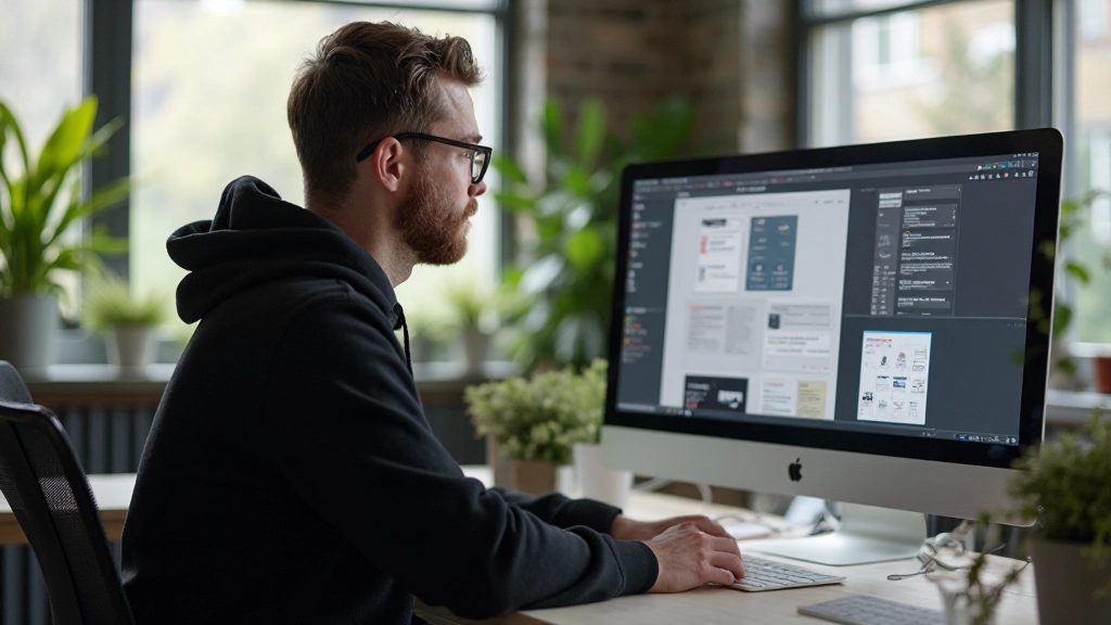 Designer werkt aan mobile-first layout op een iMac in een moderne design studio