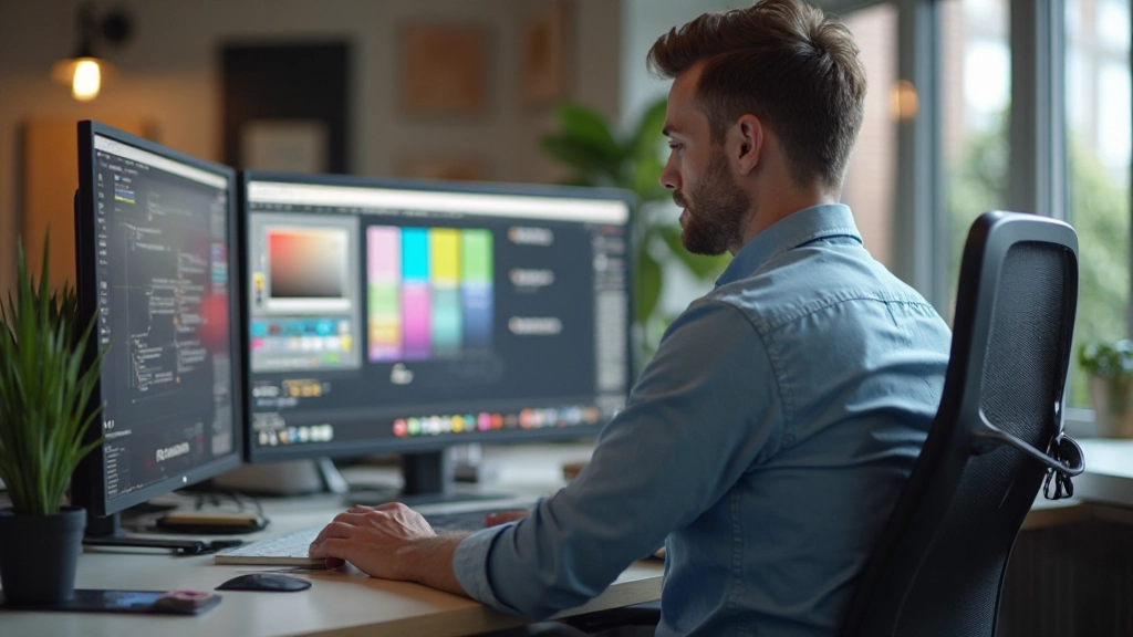 Designer aan het werk met kleurenpaletten en designelementen op een dubbel scherm monitor setup