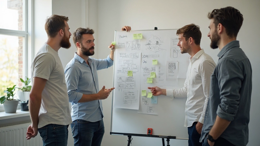 Team voert brainstormsessie uit met stickers en notities op whiteboard